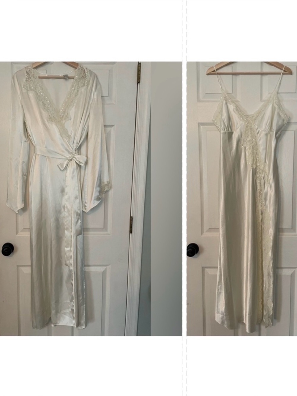 Valerie Stevens Ivory Satin Lace-Trim Long Robe and nightgown.